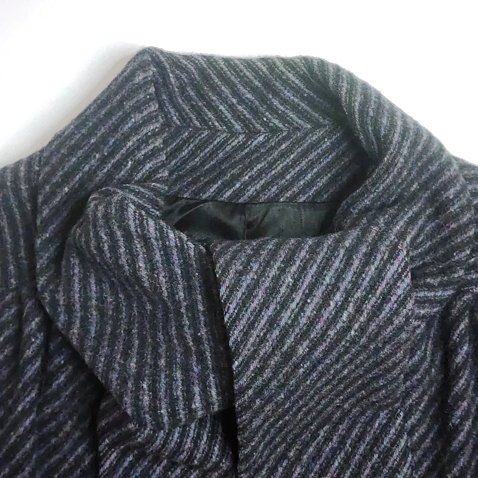 Vtg Tweed Wool Fringe Scarf Coat Women's L Black Purple Blue Striped Retro Femme - Image 3 of 4