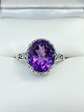 NATURAL Purple Amethyst Ring Sterling Silver Edwardian Filigree CustomMade D70z