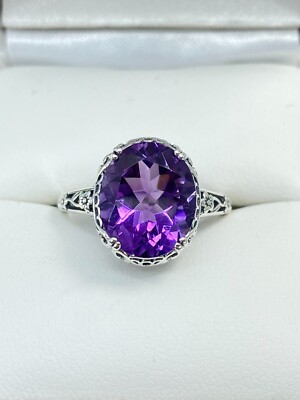NATURAL Purple Amethyst Ring Sterling Silver Edwardian Filigree (CustomMade)D70z