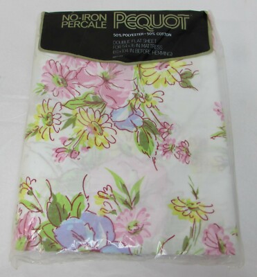 Pequot No Iron Percale Double Flat sheet floral NOS Vintage