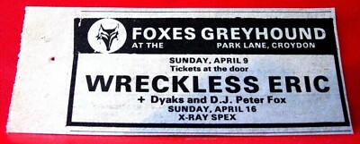 Wreckless Eric Gig Vintage ORIGINAL 1978 Press/Magazine ADVERT 4''x 1.5'' Stiff