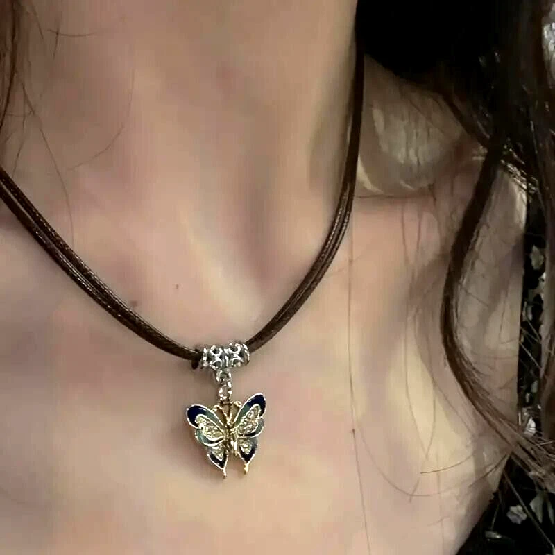 Boho Retro Butterfly Charm Necklace White K Plating Leather Rope Women Gift New - product detail image 1