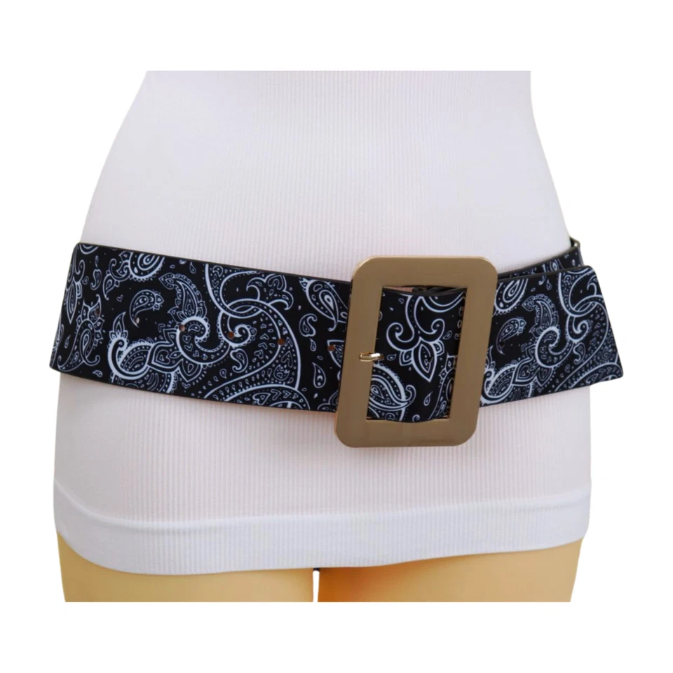 Women Black White Print Belt Hip High Waist Gold Metal Square Buckle Size S M - Image 2 of 4