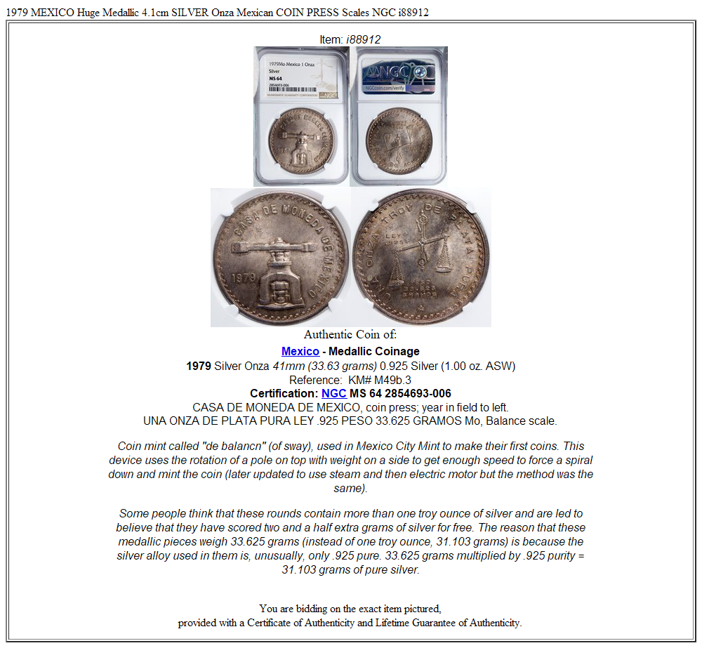 1979 MEXICO Huge Medallic 4.1cm SILVER Onza Mexican COIN PRESS