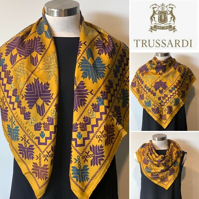TRUSSARDI 100% Silk Twill Gold,Purple,Teal Snowflake Scarf 85x85cm Handroll Hems