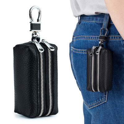 Unisex Leather Coin Purse Change Pouch Wallet Zipper Card Holder with Key Chain