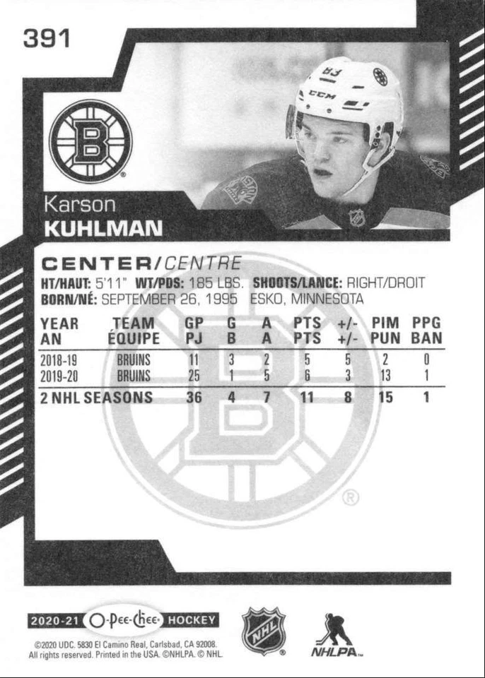 2020-21 O-Pee-Chee Karson Kuhlman Boston Bruins #391 - Image 2 of 2