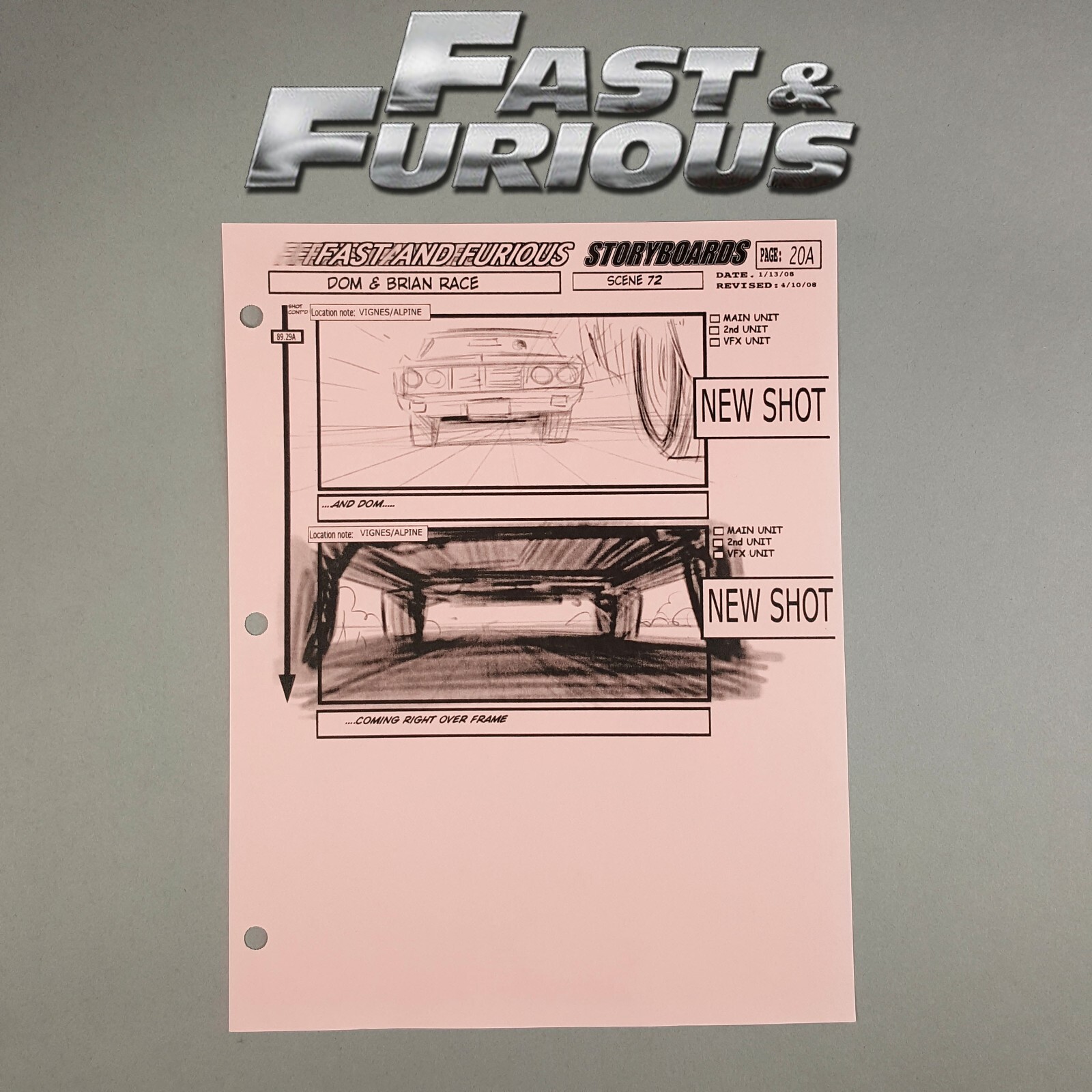 Fast and Furious 4 Production Used Storyboard, Dom Roars to Camera in Chevelle