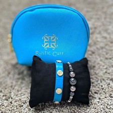 Rustic Cuff Set of Two Blue Genuine Leather W...