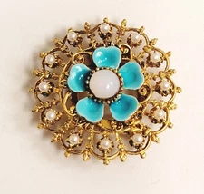 Blue Enamel Opalescent White Faux Pearl Flower Dual Scarf Clip Brooch Vintage
