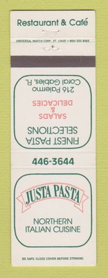 Matchbook Cover - Justa Pasta Italian Restaurant Coral Gables FL