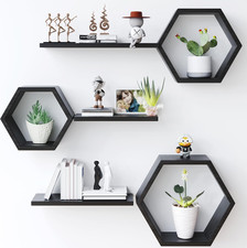 Wooden Hexagon Floating Shelves Wall Mounted - Set of 6 Pine Wood Hexagon Shelve