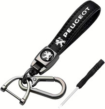 Auto Schlüsselanhänger für Peugeot Fans mit schwarzem Lederband + Karabinerhaken