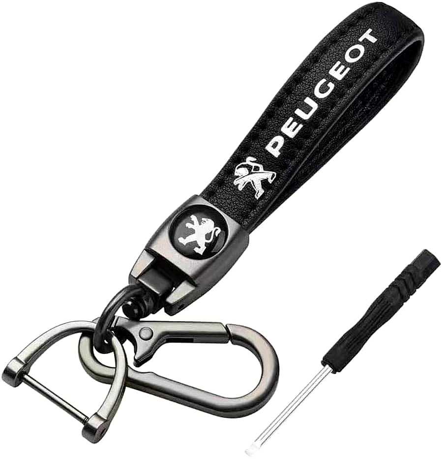 Auto Schlüsselanhänger für Peugeot Fans mit schwarzem Lederband + Karabinerhaken