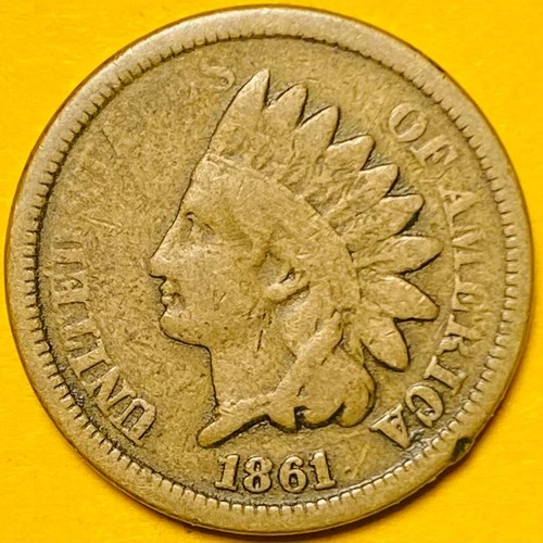 1861 U.S. INDIAN HEAD CENT COPPER PENNY 1c COIN (F-Fine), Civil War Year!
