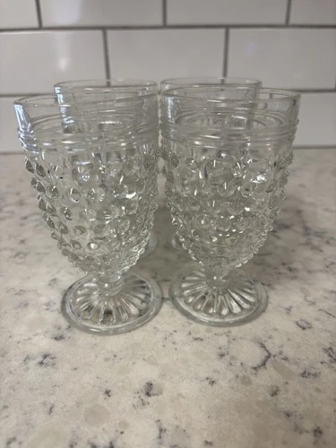 Set of four Vintage clear Anchor Hocking hobnail glass goblets. Small.