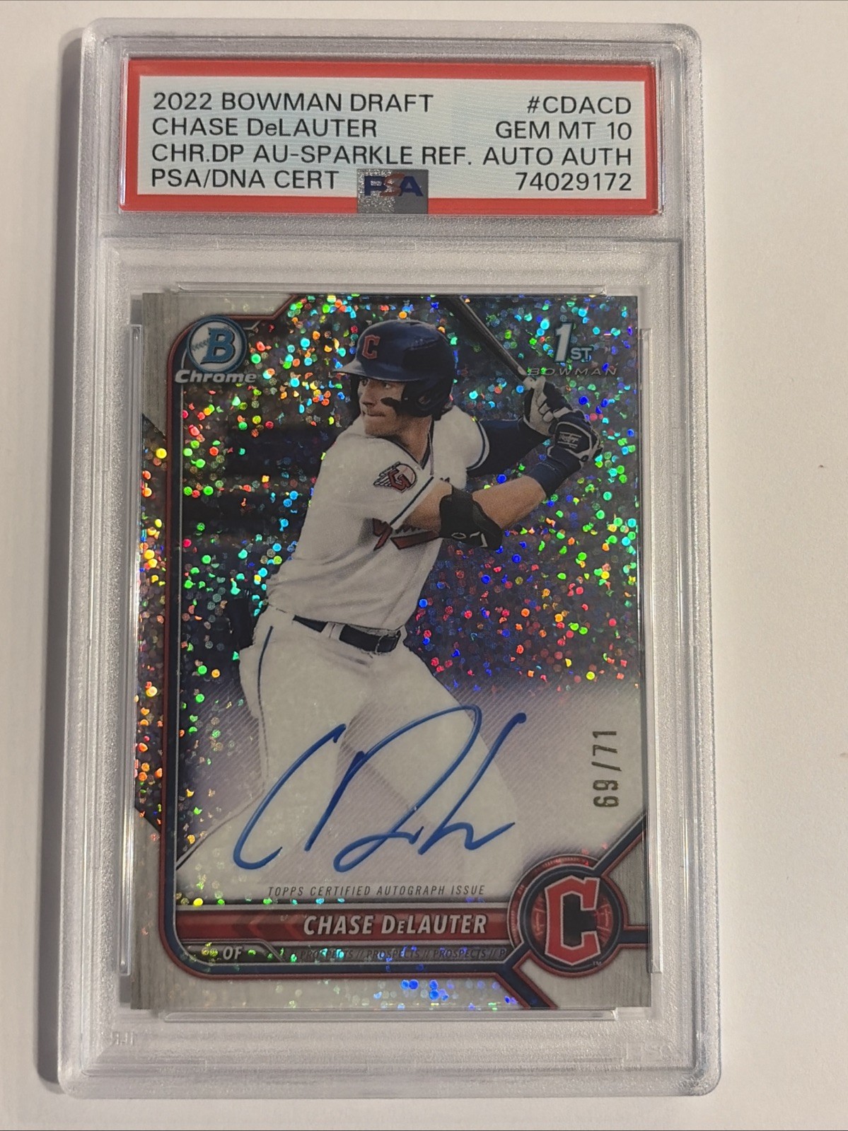 2022 Bowman Chrome Draft Chase DeLauter Sparkle 1st Bowman Auto /71 PSA 10