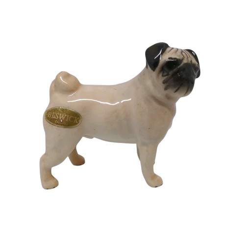 Vintage Beswick Pug Dog Figurine England With Sticker 2.75"T 3.25"L Porcelain 