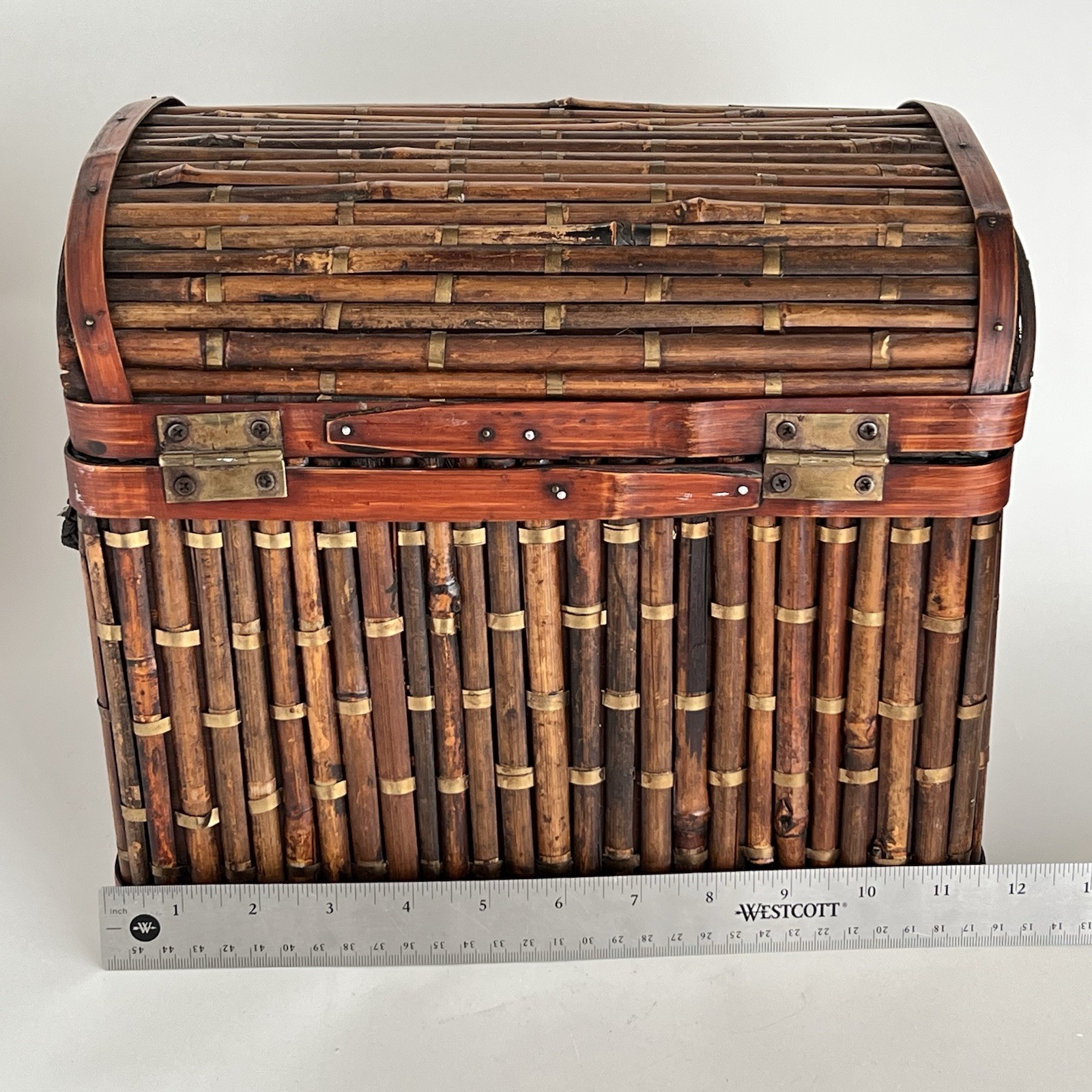 Bamboo & Tin Chest Trunk With Metal Latch & Dome Lid Boho Cottage Cabin 10”