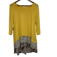 LOGO Lori Goldstein Tunic Women 1X Petite Yellow Lace Hem 3/4 Sleeve Stretch Top