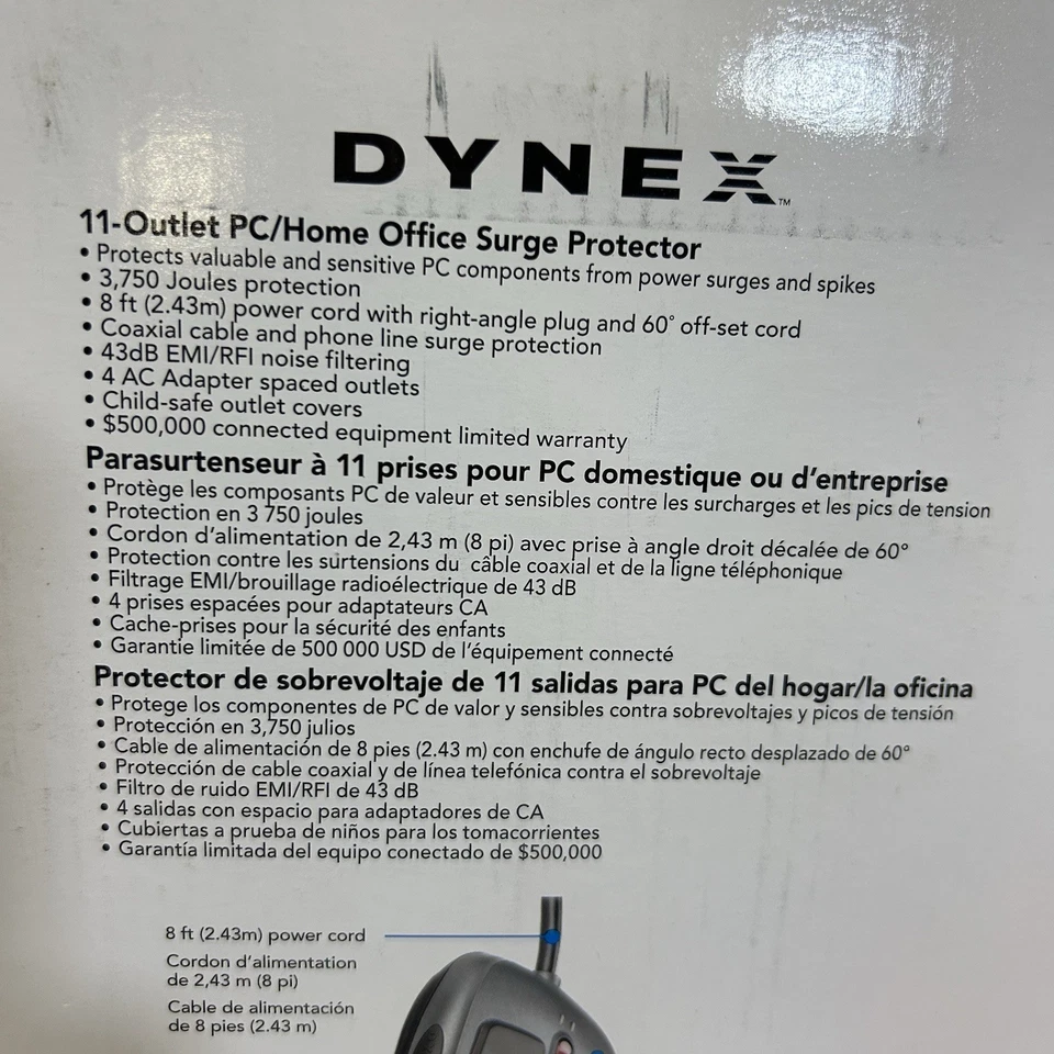 Brand New Dynex DX- S114241- 11 Outlet PC Home Office Surge Protector 8-Foot - Image 3 of 4