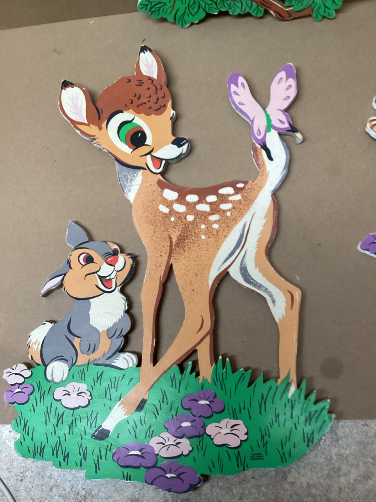 Vintage Disney Paper Lithograph Bambi & Friends 4 pc Set & Lamp Unique Lot