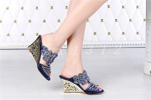 New Womens Open Toe Rhinestone High Wedge Heel Slippers Party Dress Sandal Shoes - Picture 4 of 15