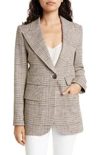 Smythe Women's Peaked Lapel Blazer Jacket in Neutral Glen Check Size 8