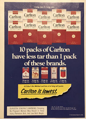 how much was a carton of cigarettes in 1990 1992 Carlton Cigarettes VTG 1990s 90s PRINT AD Less Tar These Brands  Combined