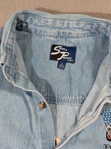 Camicia Christian Biker Vintage Sierra Pacific Patriot Moto Blu Denim Bottoni L - Foto 5 di 14