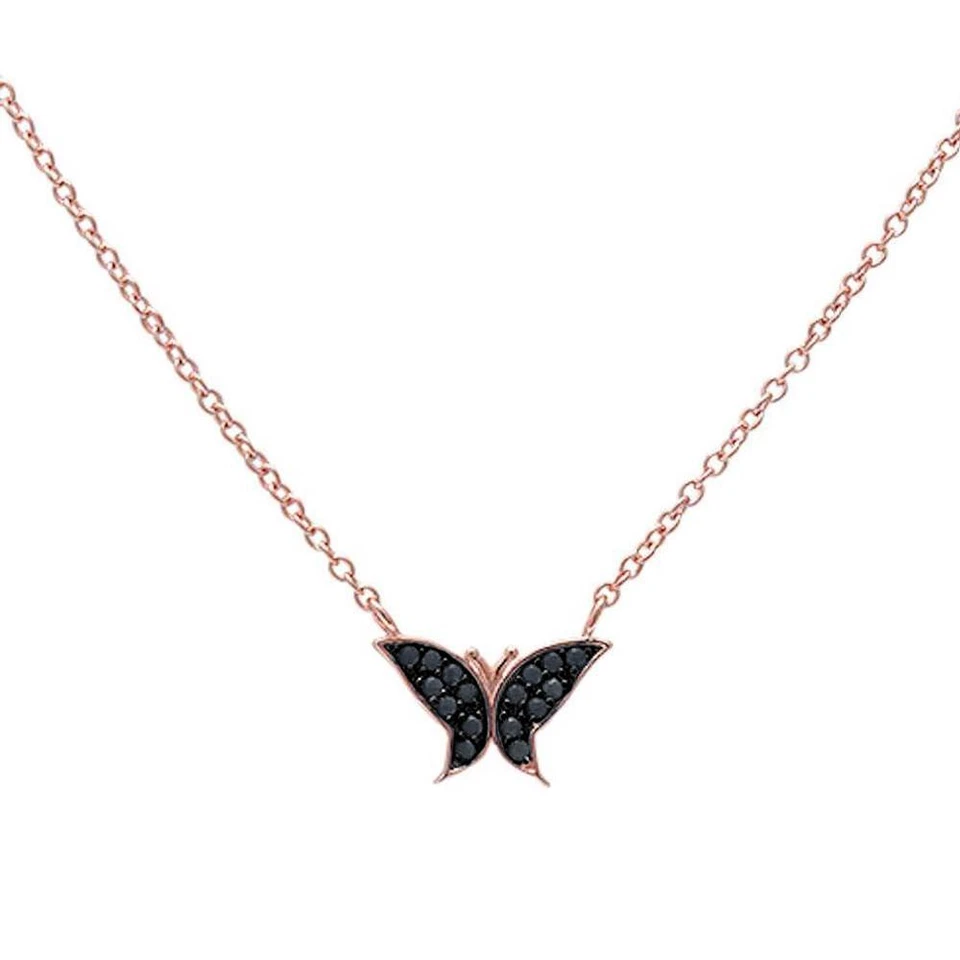 Collar colgante de plata de ley .925 mariposa de ónix negro nano enchapado en oro rosa Foto 2 de 2