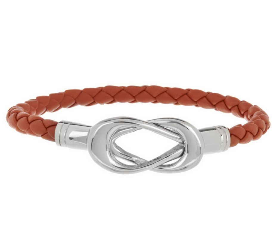 QVC Steel by Design Interlocking Curb Basket Braided Orange Leather Bracelet