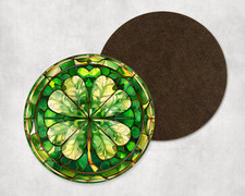Lucky Four Leaf Clover Irish Stained Glass Round Coaster Tea Coffee Gift