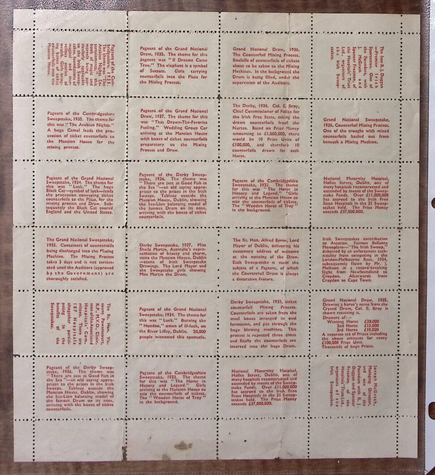1938 VINTAGE FULL SHEET OF 24 IRISH HOSPITAL SWEEPSTAKES 'STAMPS' Z5464 - Image 2 of 2