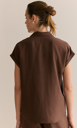 Trenery Draped Short Sleeve Camp Shirt CHOCOLATE BROWN 8 XS - Picture 3 of 3