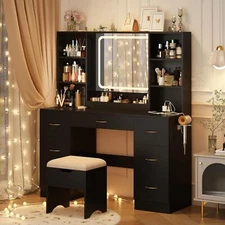 47" Large Vanity Desk with Mirror and and Power Outlet, LED Lighted Vanity Set