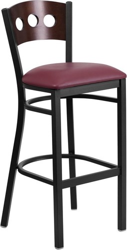 Decorative-3-Circle-Back-Metal-Restaurant-Barstool-w-Walnut-Wood-amp-Burgundy-Vinyl