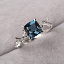 London Blue Topaz Ring 925 Sterling Silver Ring Cushion Cut Ring for women