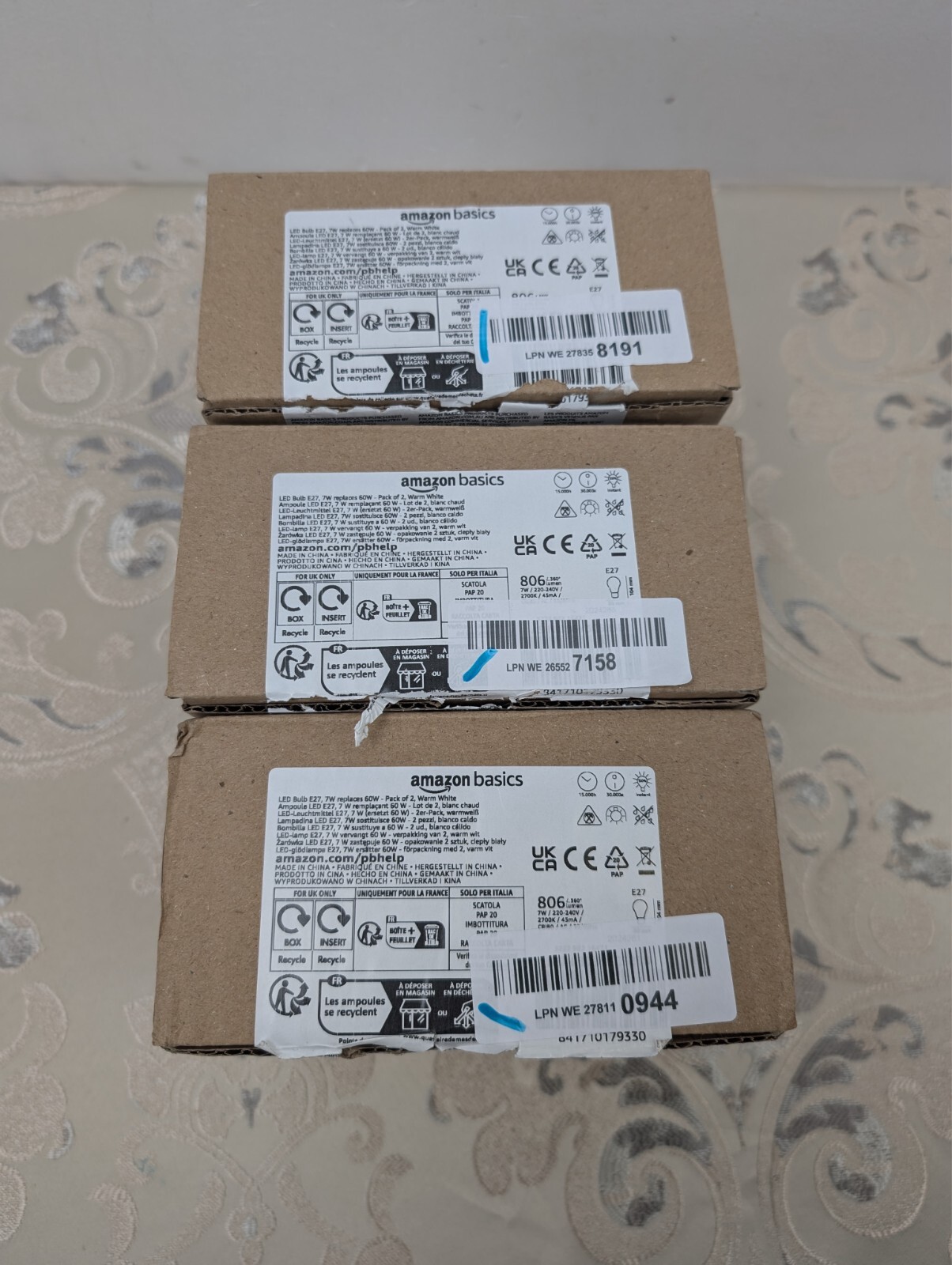 3x Amazon Basics LED E27 Edison Screw Bulb, 7W (Equivalent to 60W)