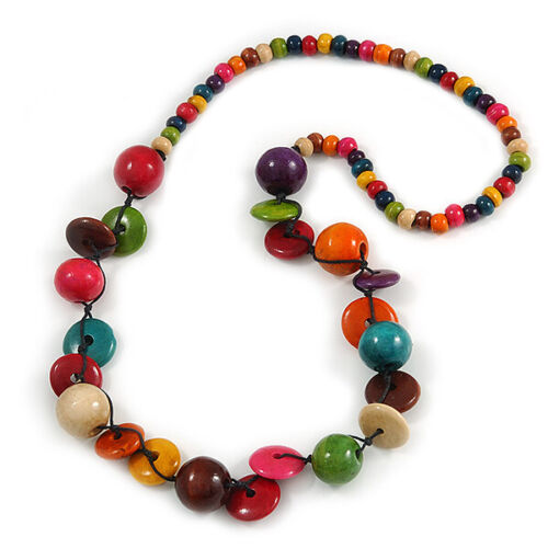 Multicoloured Round and Button Wood Bead Long Necklace - 88cm L - Afbeelding 1 van 4