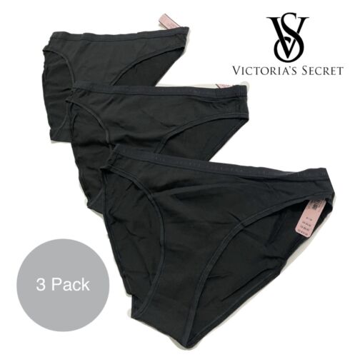 Victoria’s Secret Women’s Black Cotton Bikini Panties 3 Pack Brand New All Sizes - Afbeelding 1 van 5