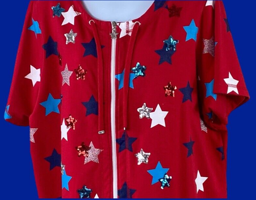 Quacker Factory Red White Blue Stars Sparkle Sequin Jacket Zip Top Womens XL - Picture 3 of 11