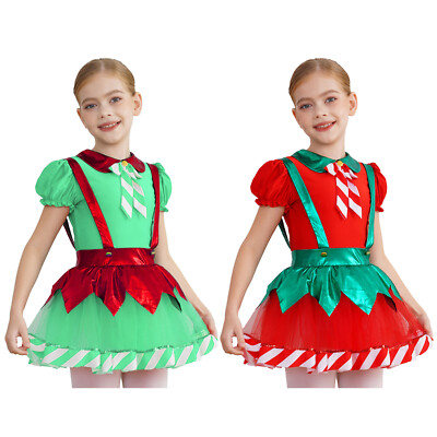Kids Girls Skirt Christmas Leotard Ballet Dress Xmas Gymnastic Dance Stripes