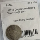 1838 Seated Liberty Dime, Large Stars, No Drapery 10C Cents Coin Silver