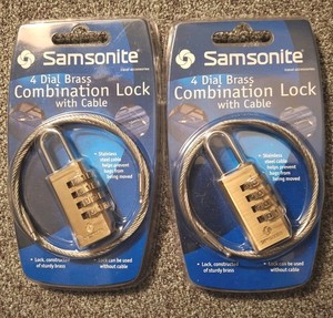 Samsonite 4 Dial Brass Combination Lock With Stainless Steel Cable.  Lot Of 2