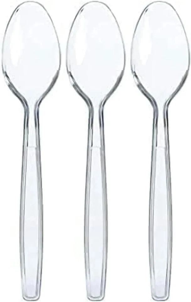 BLISSMART 50 pc Disposable Clear Plastic Spoons Table Heavy Duty Cutlery Spoons Reusable