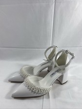 Block Heel Wedding Shoes for Brides Pointed Toe Pearl Heel Ankle Straps Size 7