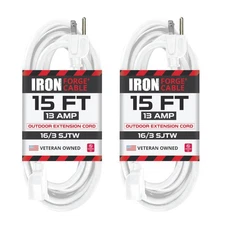 15 Ft White Extension Cord 2 Pack - 16/3 Durable Electrical Cable