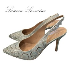New  Lauren Lorraine  Rachel  Silver Embellished Women's Slingback Heels 10