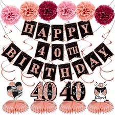40th Birthday Decorations Kit for Women, Rose Gold Happy 40 Birthday Banners ...